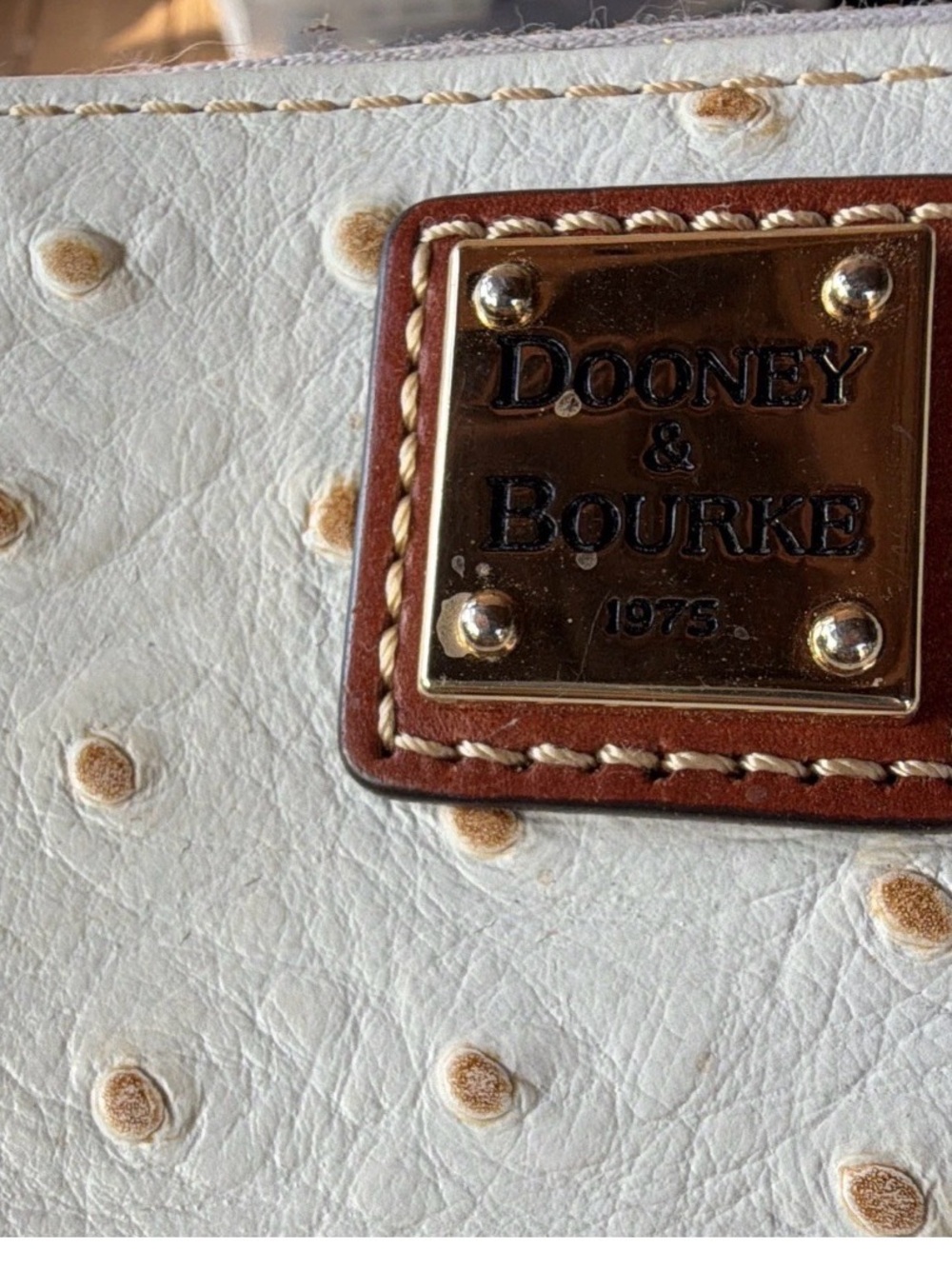 Dooney & Bourke White Ostrich-Embossed Wallet with Tan & Gold Plaque